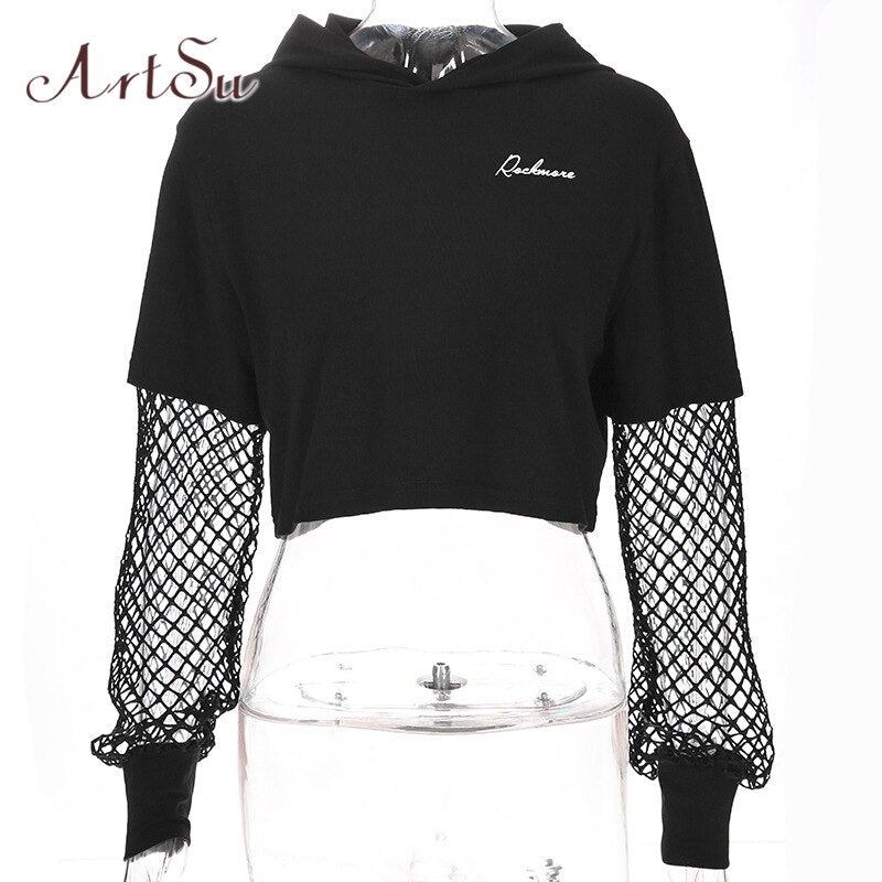 ArtSu Long Sleeve Tshirt Women Hooded Hollow Out Sexy Punk Rock Short Crop Top White T-shirt Fishnet Black Mesh Shirt Clothes