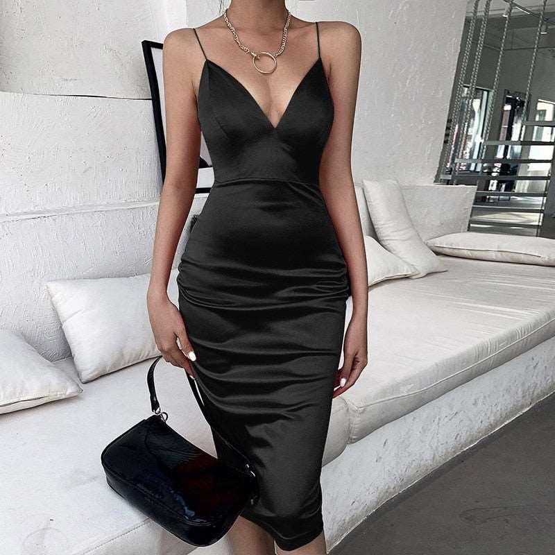 Artsu New Year Party Dress Red Satin Midi Dresses Solid 2020 Spring V-Neck Backless Dress Straps Zipper Slim Dress ASDR60689