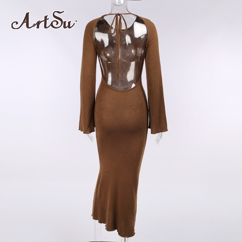 Artsu See Through Sleeve Sexy Backless Party Long Maxi Dresses Elegant Fashion Outfit