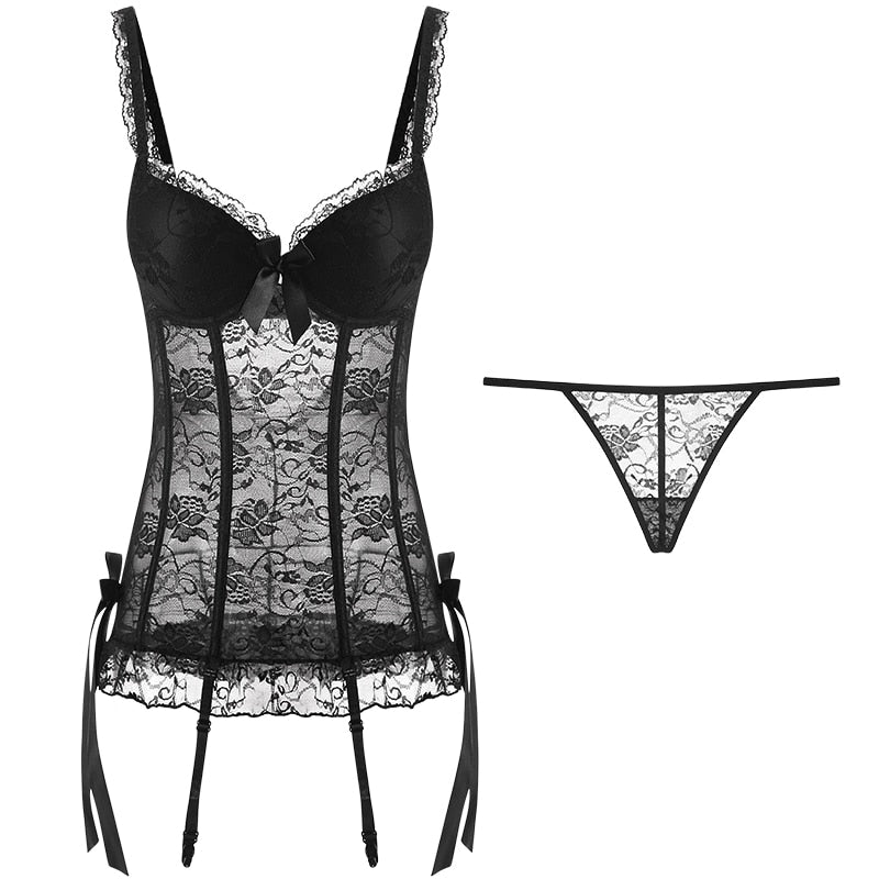 Women’s Sexy Elastic Lace Gothic Corset Bodysuit Lingerie Set