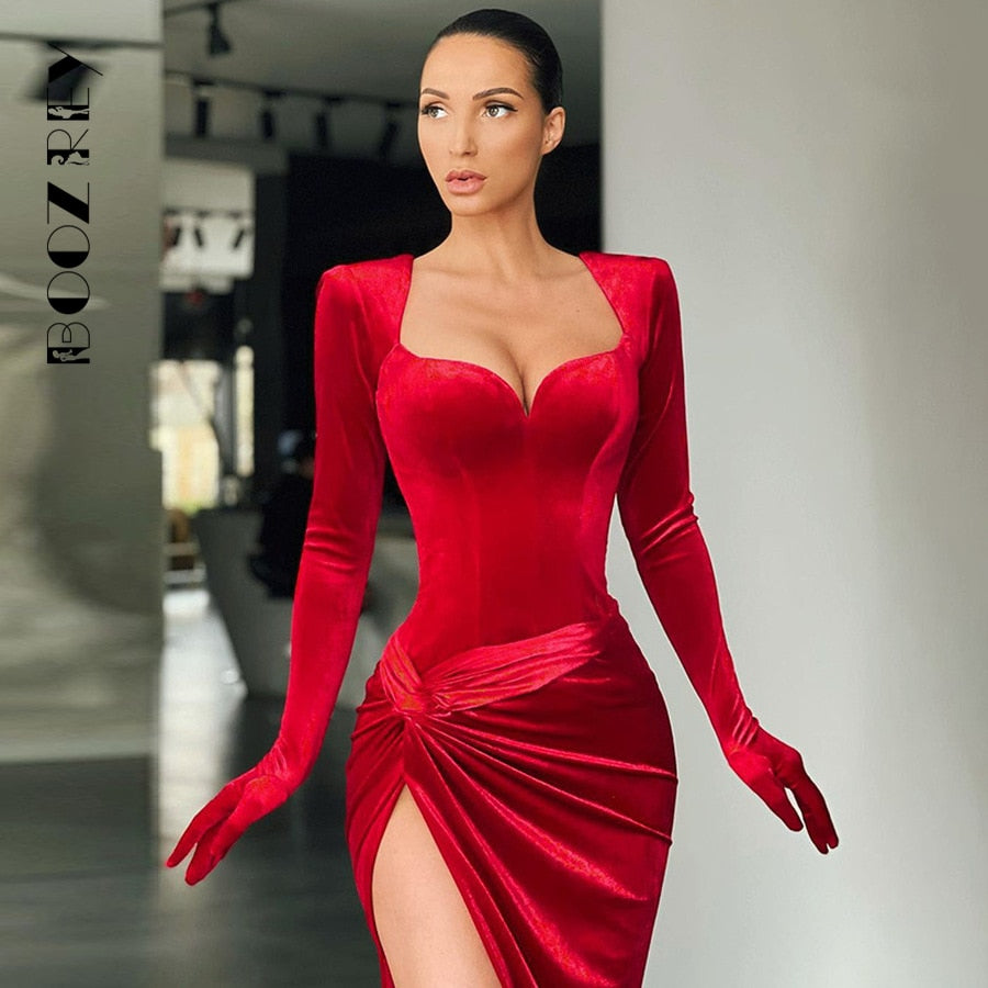 GACVGA Elegant Long Dress Evening Party Gown Outfits - Women Gloves Sleeve Red Velvet Sexy Slit Maxi Dress - Bridesmaid