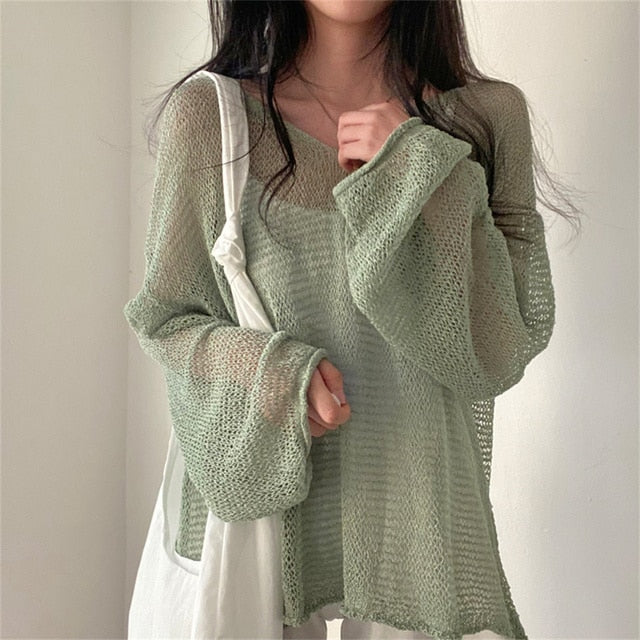 Karrram Lazy Style Full Sleeves Jumpers Tops Hollow Out Sexy Women Fashion Casual Streetwear Chic Femme Sweaters Pullovers