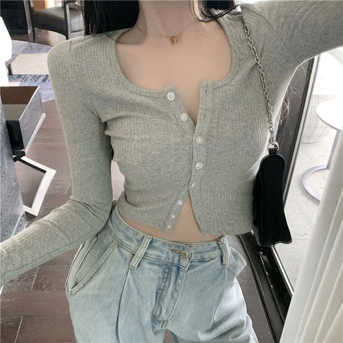 Korean Style O-neck Short Knitted Sweaters Women Thin Cardigan Fashion Open Front Button Up long Sleeve Crop Top t shirt women