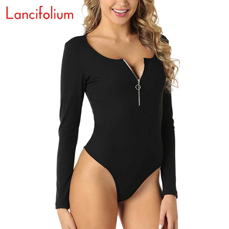 Long Sleeve Zipper Scoop Neck Sexy Body Suit