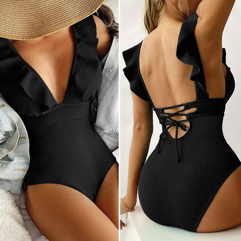 Miyouj Ruffle Swimsuit Women&#39;S Swimwear Black Color Back String Monokini Ribbed Fabric Beachwear Solid Bathing Suits One Piece