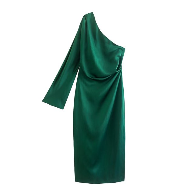 PB&ZA summer new women's French elegant asymmetrical high waist silk satin texture pleated long dress 7771/451