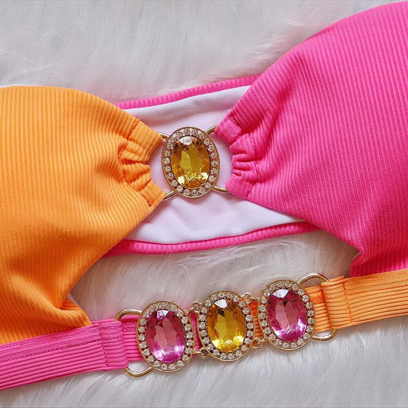 Get Ready for Summer with Para Praia's Stunning Rhinestone Bikini Set!