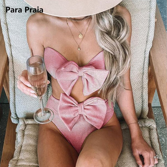 Para Praia High Waist Bikini Solid Pink Bikinis 2021 Bow-knot Swimwear Women Bandeau Woman Swimsuit Push Up Bathing Suit