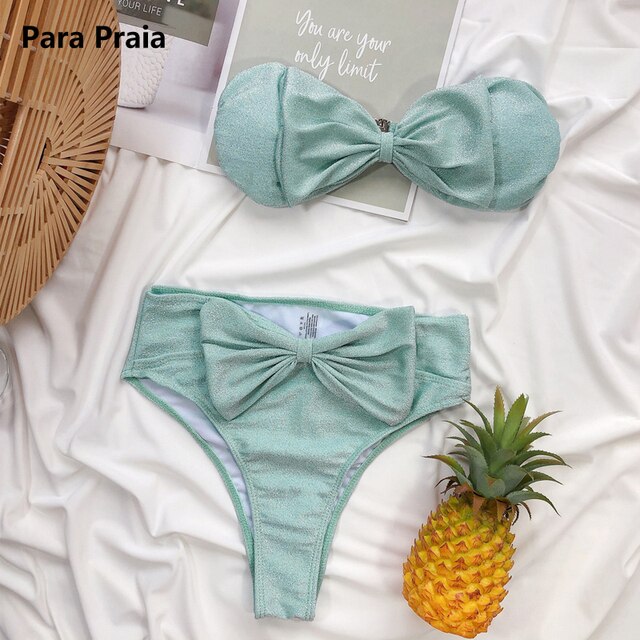 Para Praia High Waist Bikini Solid Pink Bikinis 2021 Bow-knot Swimwear Women Bandeau Woman Swimsuit Push Up Bathing Suit