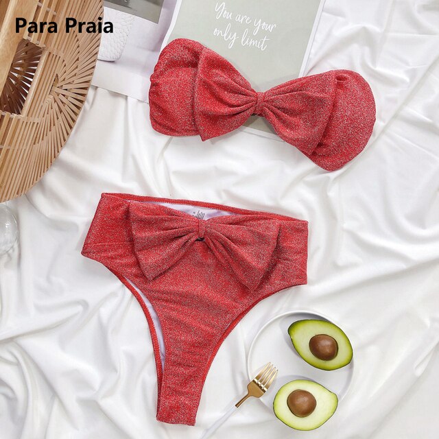 Para Praia High Waist Bikini Solid Pink Bikinis 2021 Bow-knot Swimwear Women Bandeau Woman Swimsuit Push Up Bathing Suit