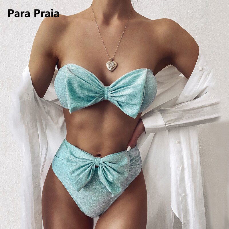 Para Praia High Waist Bikini Solid Pink Bikinis 2021 Bow-knot Swimwear Women Bandeau Woman Swimsuit Push Up Bathing Suit