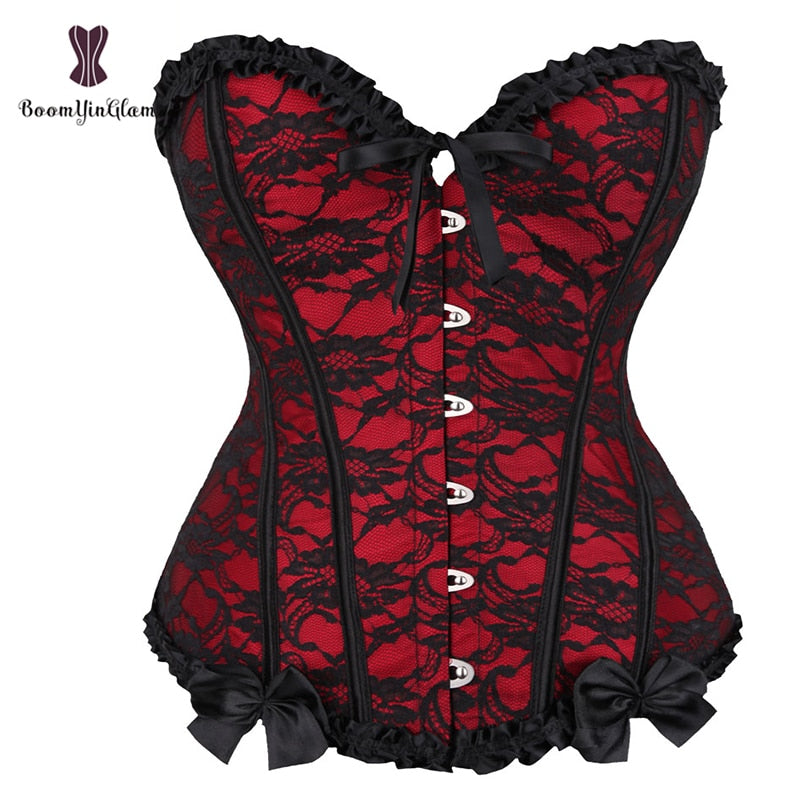 Red Women Mesh Grid Lingerie Basque Corselet Bustier Floral Lace Overlay Corset Over bust Plus Sizes