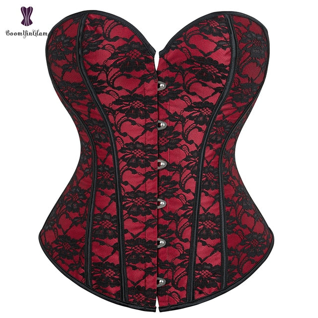 Red Women Mesh Grid Lingerie Basque Corselet Bustier Floral Lace Overlay Corset Over bust Plus Sizes