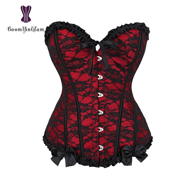 Red Women Mesh Grid Lingerie Basque Corselet Bustier Floral Lace Overlay Corset Over bust Plus Sizes