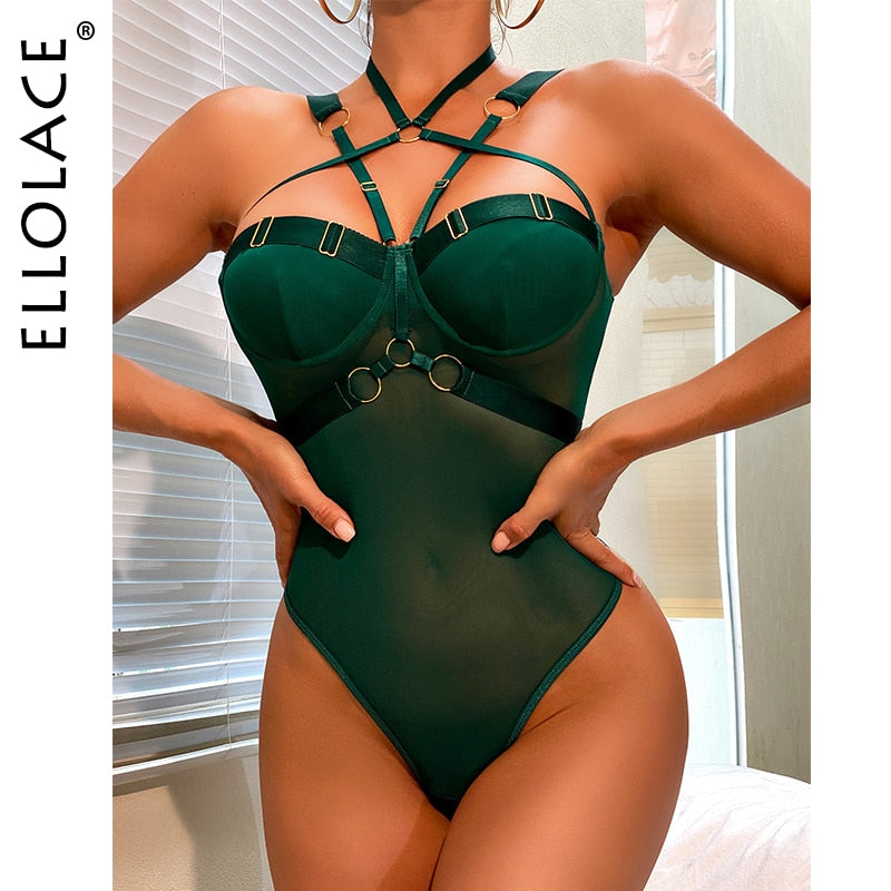 Ellolace Sensual Lingerie Bodysuit Halter Fitness Exotic Costumes See Through Lace Backless Erotic Tights Sexy Thongs Body