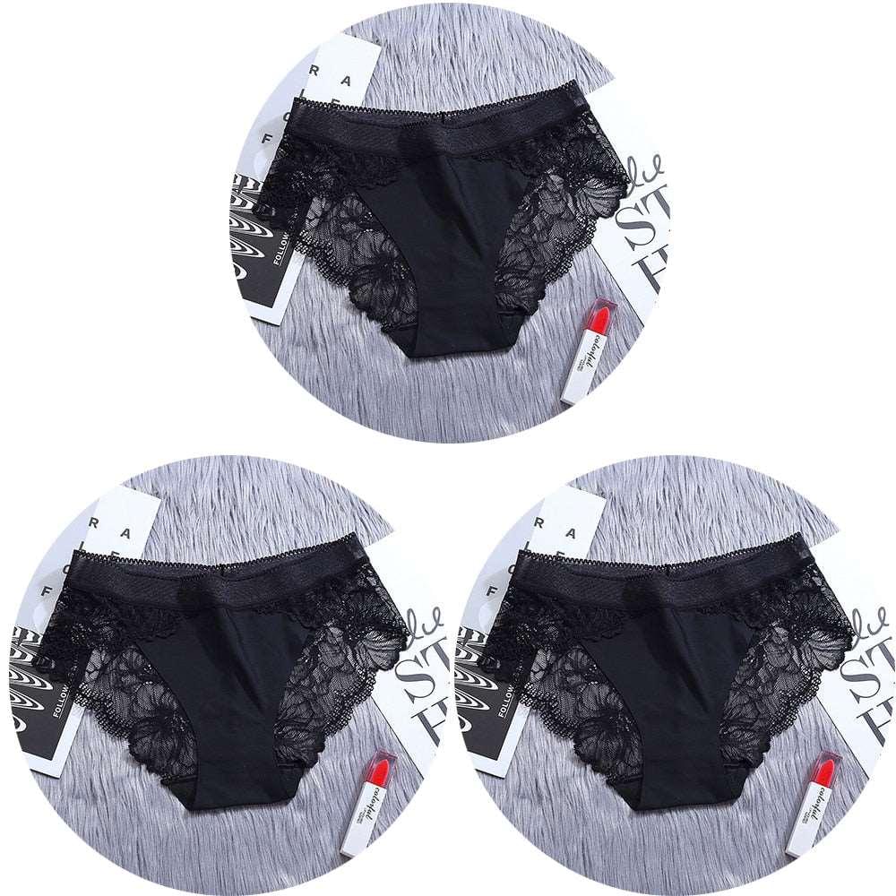 3Pcs/Lot Lace Women's Panties Sets Ice Silk Seamless Underwear - Transparent  Briefs - Mid-Rise Lingerie