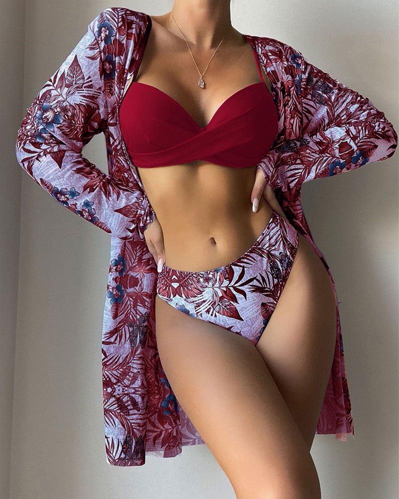 Floral Twist Low Waist Bikini Set Cover Up Swimsuit For Women Push Up Long Sleeve Three Pieces Swimwear 2022 Beach Bathing Suits