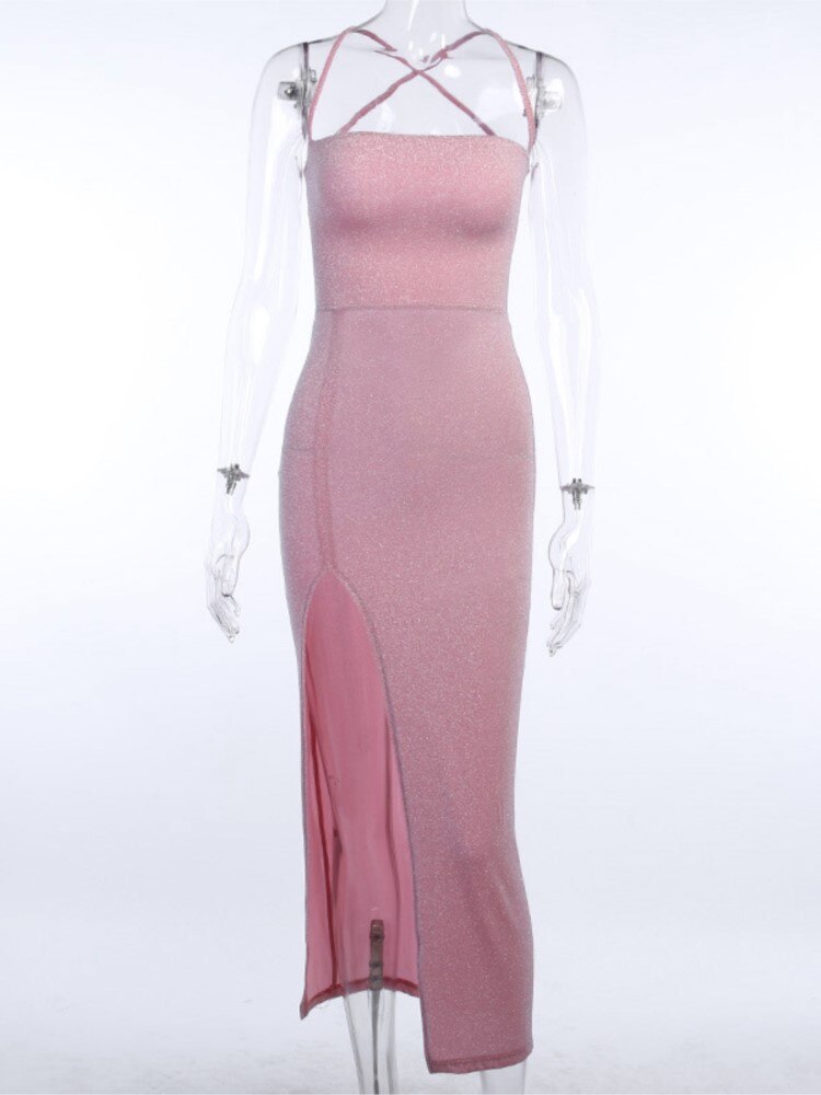 Artsu Glitter Pink Lace Up Open Back High Split Maxi Dress