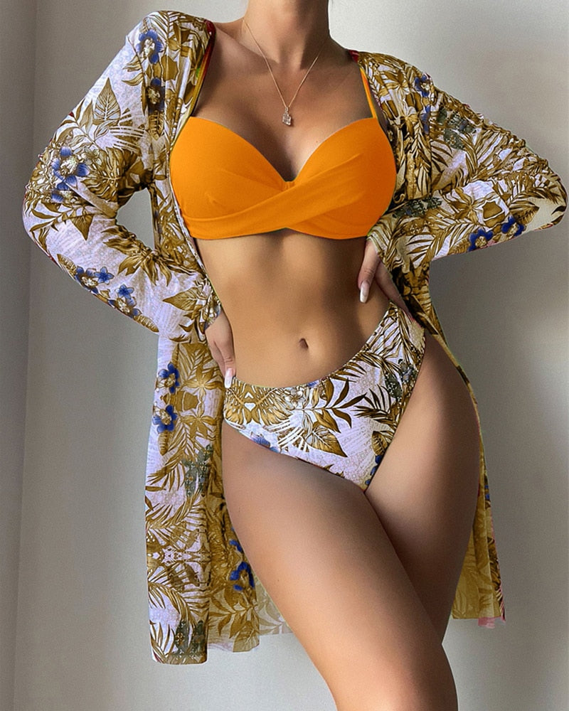 Floral Twist Low Waist Bikini Set Cover Up Swimsuit For Women Push Up Long Sleeve Three Pieces Swimwear 2022 Beach Bathing Suits