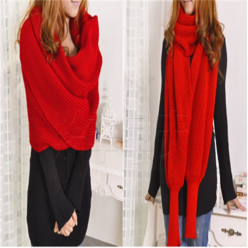  European Style Winter Women Long Scarf With Sleeves Wool Knitted Scarves For Women Thick Warm Casual Shawl High Quality