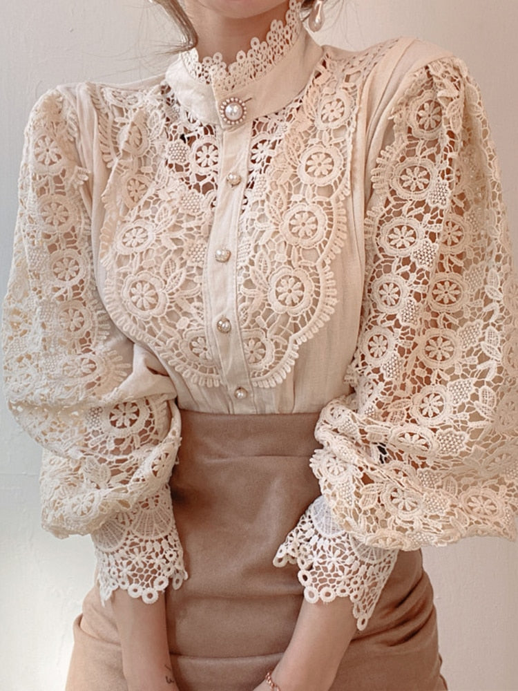 Women Sexy Lace Patchwork Hollow Out Shirt Blouse Long Sleeve O-Neck Mesh Design Tops 2022 Spring White Vintage Button Shirts