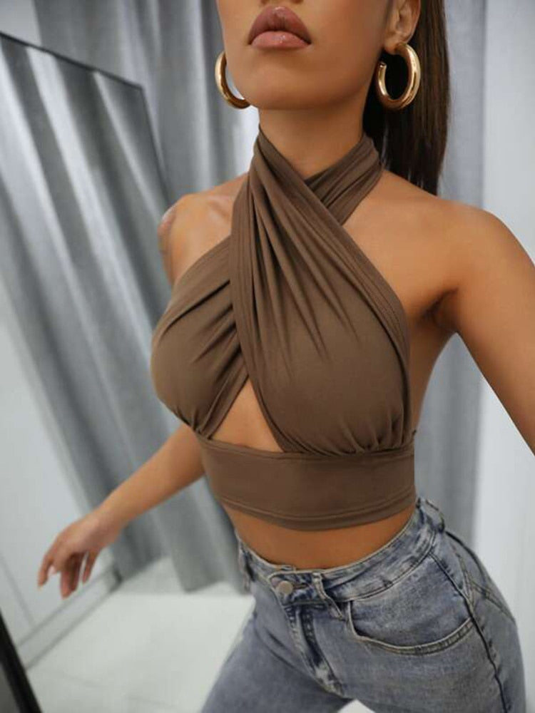 Women Summer Tank Tops Sexy Solid Color Cross Halter Neck Push Up Hollow Crop Tops 2022 New Fashion