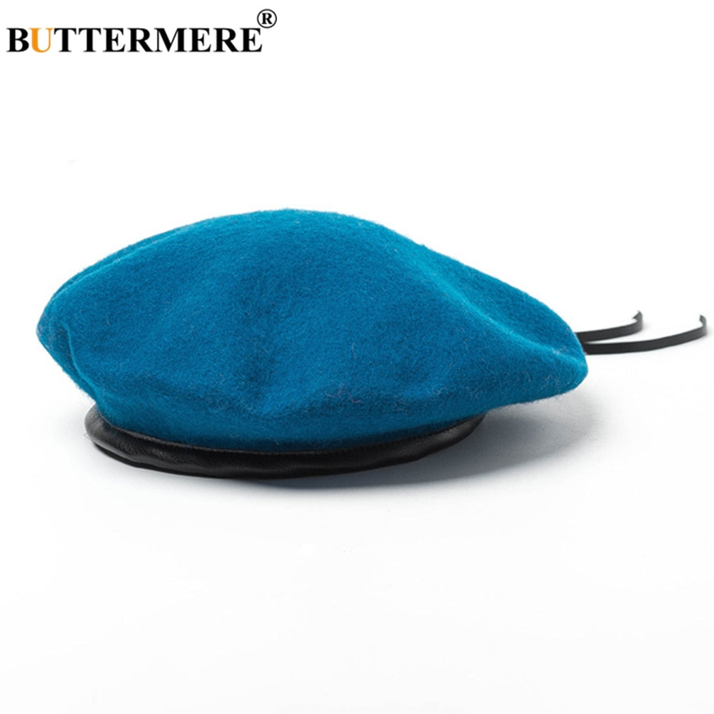 BUTTERMERE French Beret Women Autumn Winter Wool Leather Female Japanese Beret Vintage Blue Yellow Purple Green Womens Felt Cap