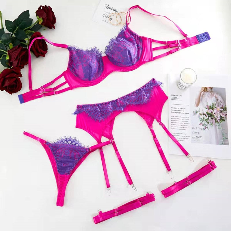 Yimunancy 3 Piece Contrast Color Lace Erotic Set Women 3 Colors Patchwork Sexy Push Up Lingerie Set Erotic Set