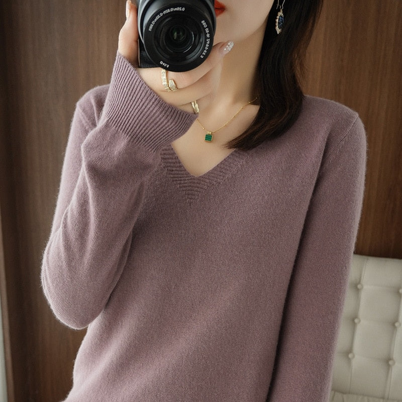 Women's Sweater 2022 Autumn Winter Knitted Pullovers V-neck Slim Fit Bottoming Shirt Solid Soft Knitwear Jumpers Basic Sweaters