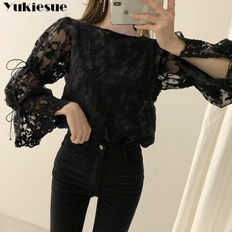 Spring Autumn New Girl Chiffon shirt Fashion embroidered lace Tops Elegant Flare sleeve Casual Women blouse Blusa womens blouses