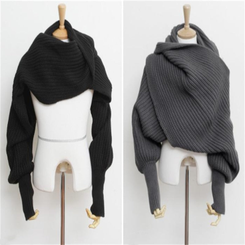  European Style Winter Women Long Scarf With Sleeves Wool Knitted Scarves For Women Thick Warm Casual Shawl High Quality