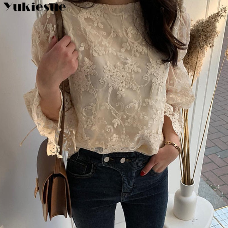 Spring Autumn New Girl Chiffon shirt Fashion embroidered lace Tops Elegant Flare sleeve Casual Women blouse Blusa womens blouses