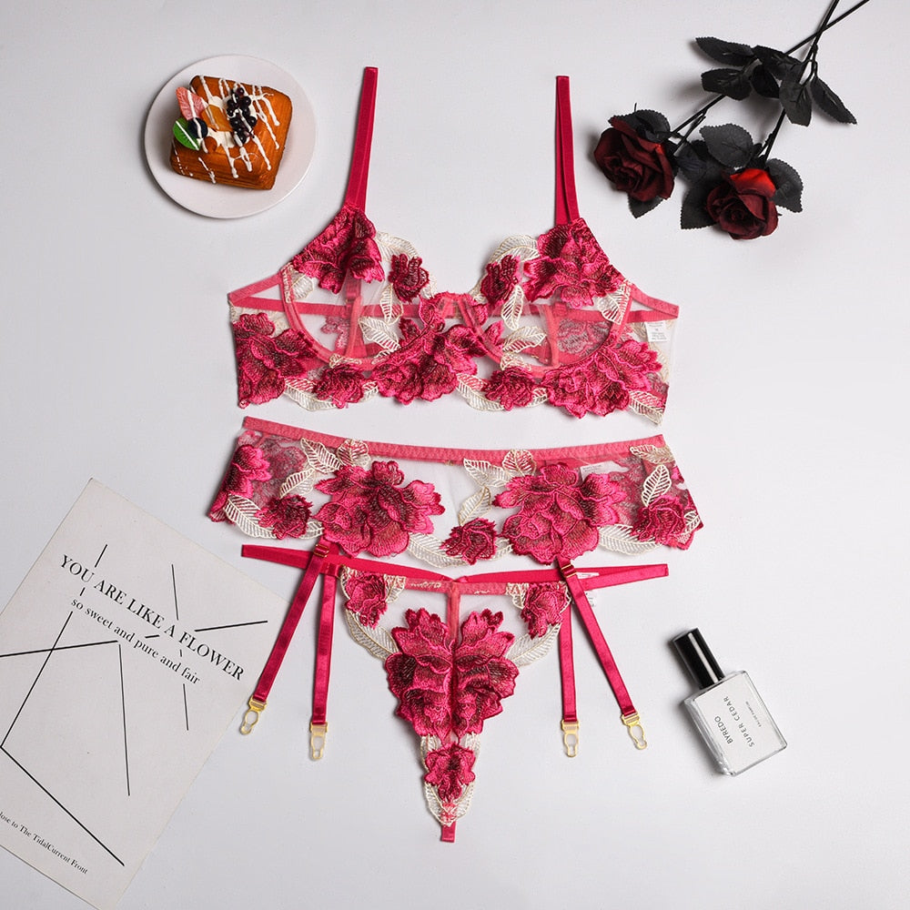 Yimunancy 3-Piece Embroidery Lace Bra Set Women Floral Bra Underwire + Thong Underwear Set Sexy Lingerie Set