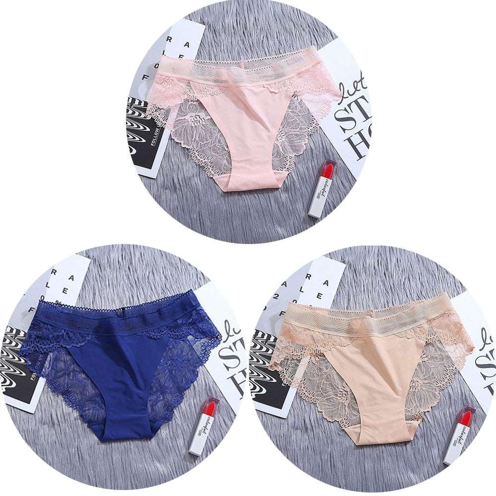 3Pcs/Lot Lace Women's Panties Sets Ice Silk Seamless Underwear - Transparent  Briefs - Mid-Rise Lingerie