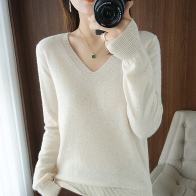 Women's Sweater 2022 Autumn Winter Knitted Pullovers V-neck Slim Fit Bottoming Shirt Solid Soft Knitwear Jumpers Basic Sweaters