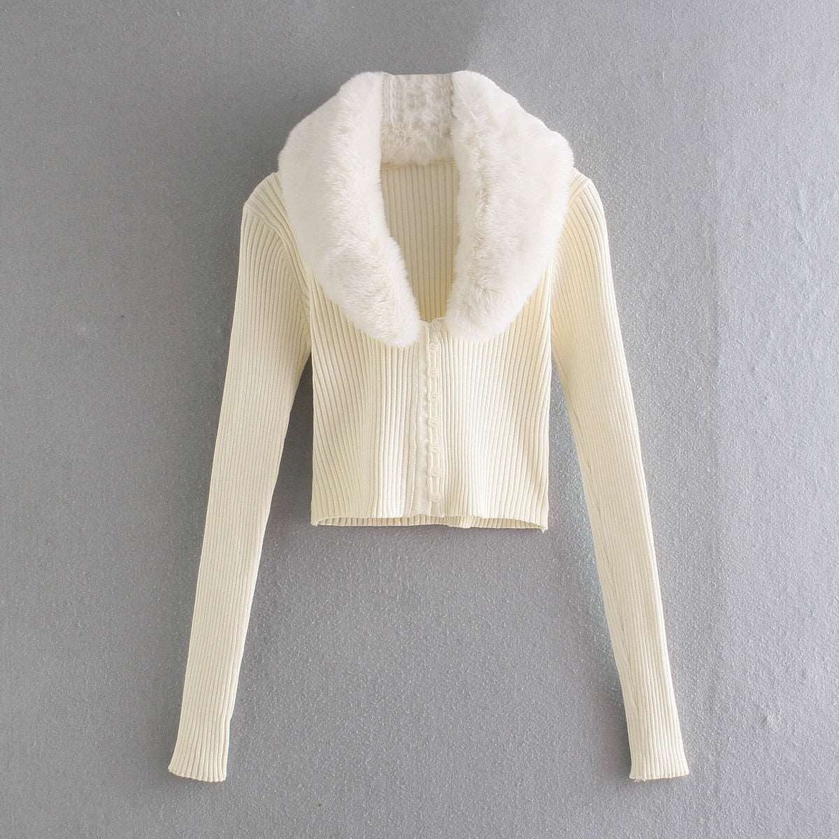 Artsu Ribbed Knitted Cardigans Sweaters With Fur Trim Collar Long Sleeve Slim Autumn Winter Jumpers Women Knitwear Chic 42015