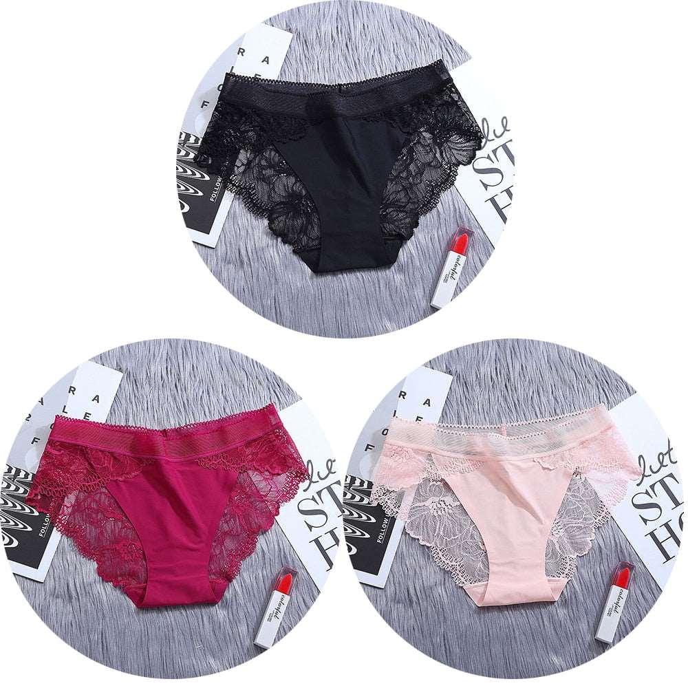 3Pcs/Lot Lace Women's Panties Sets Ice Silk Seamless Underwear - Transparent  Briefs - Mid-Rise Lingerie