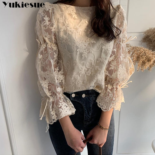 Spring Autumn New Girl Chiffon shirt Fashion embroidered lace Tops Elegant Flare sleeve Casual Women blouse Blusa womens blouses