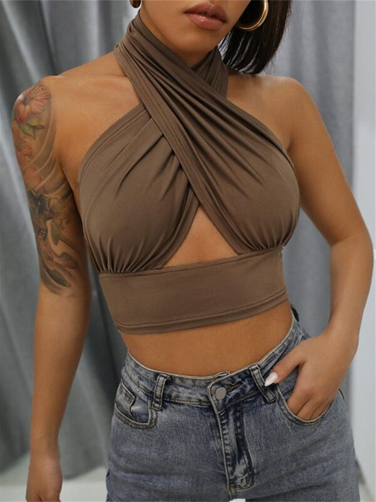 Women Summer Tank Tops Sexy Solid Color Cross Halter Neck Push Up Hollow Crop Tops 2022 New Fashion