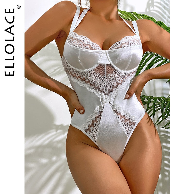 Ellolace Lace Lingerie Bodysuit Women Patchwork One-Pieces Body Sissy See Through Open Crotch Erotic Fantasy Tights Halter Teddy