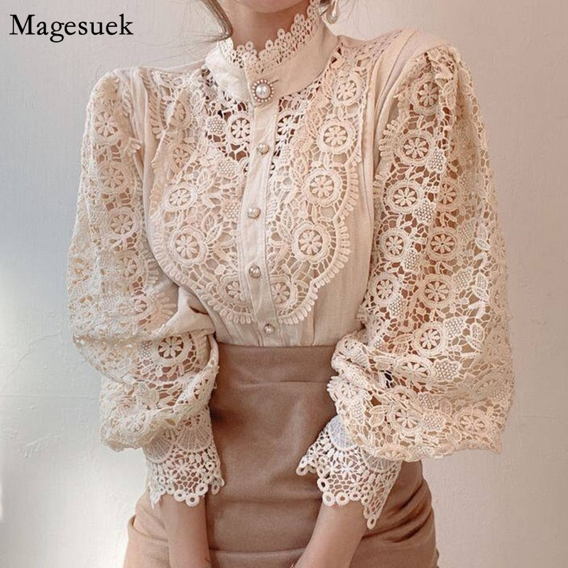 Vintage Solid White Lace Blouse Shirts Women New Korean Button Loose Shirt Tops Female Hollow Casual Ladies Blouses Blusas 12928