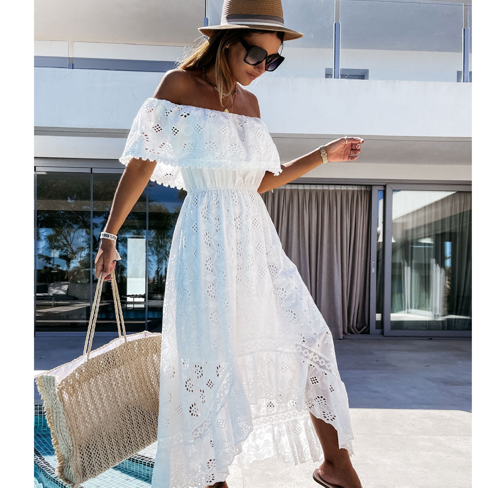 White Maxi Party Dress for Women 2022 Summer Off The Shoulder Sexy Lace Dresses Woman Bohemian Asymmetrical Short Sleeves Dress