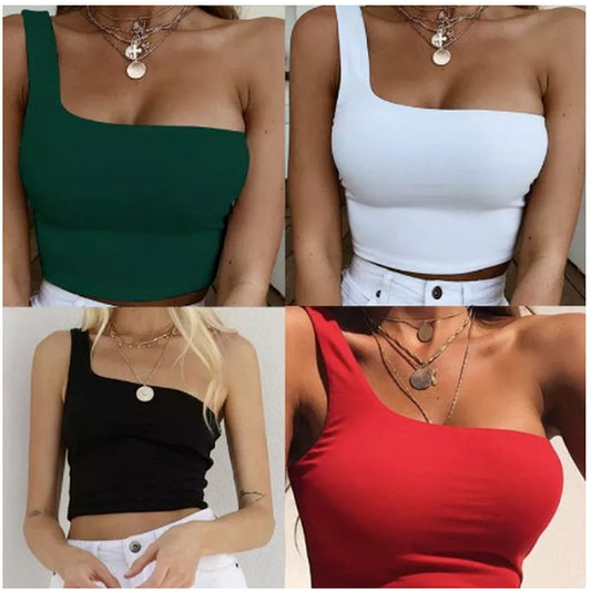 Summer Sexy Cool Single One Shoulder Tank Tops Women Fashion Camis Vest Bare Midriff Sleeveless T-Shirt Womens Beach Crop Tops