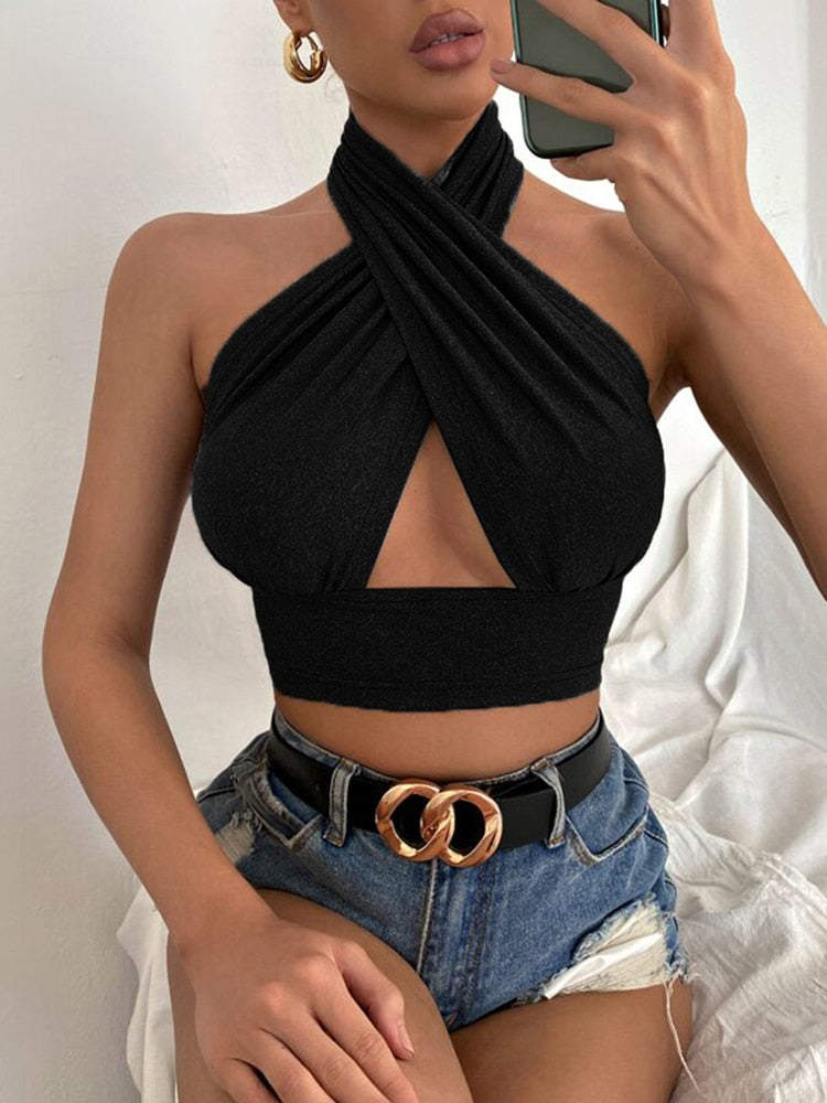 Women Summer Tank Tops Sexy Solid Color Cross Halter Neck Push Up Hollow Crop Tops 2022 New Fashion