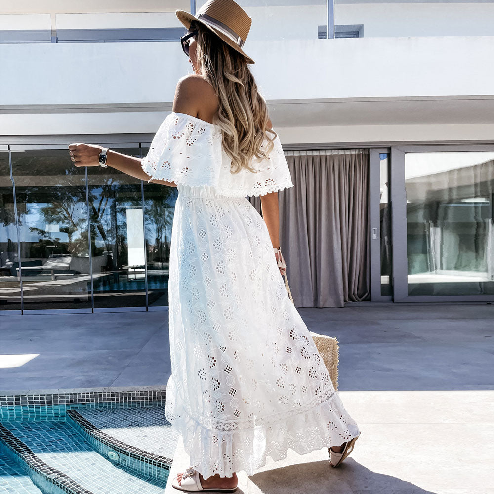 White Maxi Party Dress for Women 2022 Summer Off The Shoulder Sexy Lace Dresses Woman Bohemian Asymmetrical Short Sleeves Dress