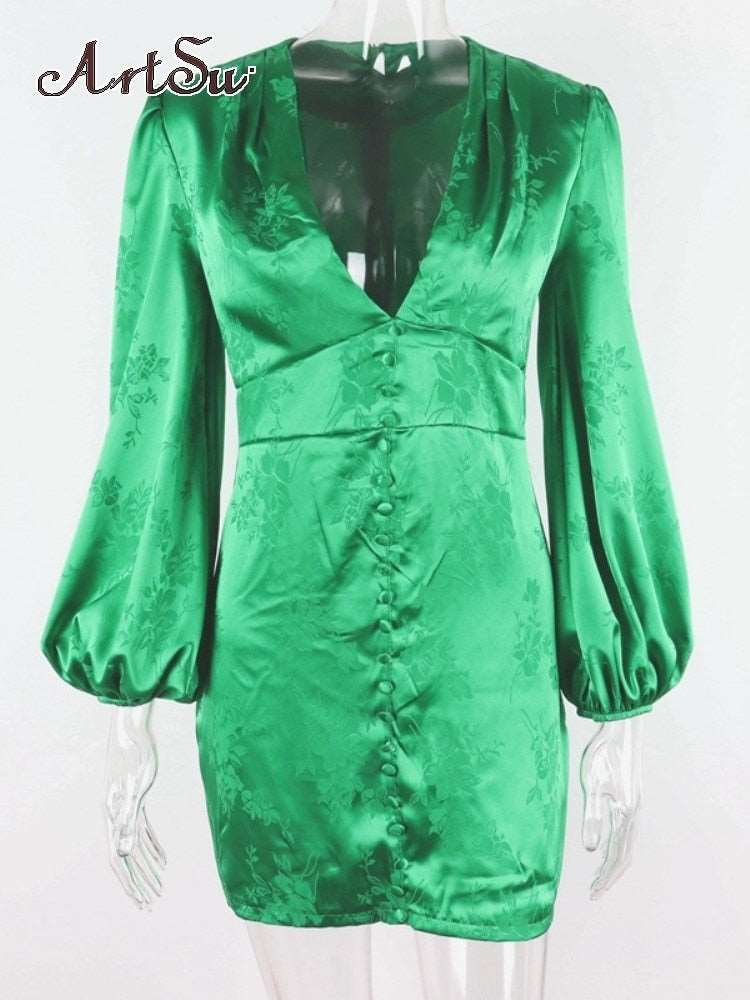 ArtSu Women's Satin Dresses Green Gold Deep V Neck Botton Lantern Sleeve Mini Dress Sexy Female Party Dresses Club Autumn 60551