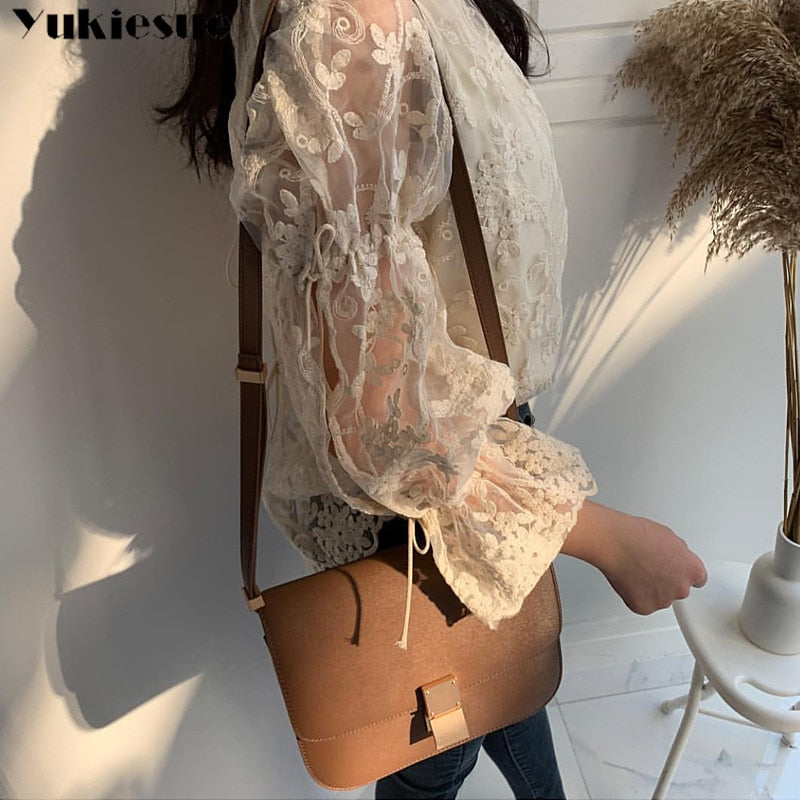 Spring Autumn New Girl Chiffon shirt Fashion embroidered lace Tops Elegant Flare sleeve Casual Women blouse Blusa womens blouses