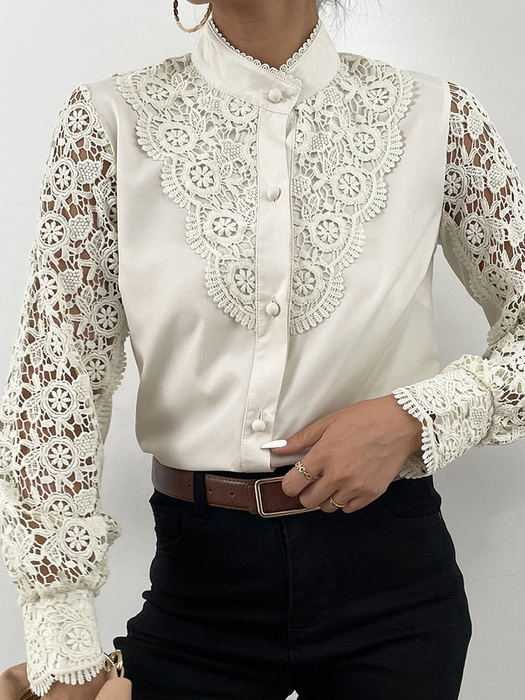 Women Sexy Lace Patchwork Hollow Out Shirt Blouse Long Sleeve O-Neck Mesh Design Tops 2022 Spring White Vintage Button Shirts