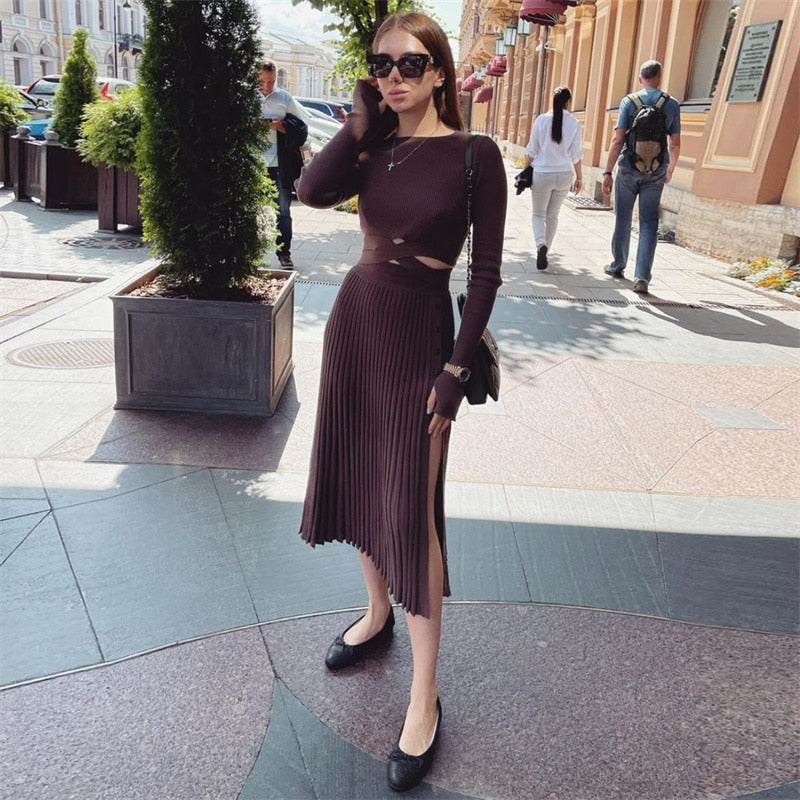 Tossy New White Knit Two Piece Women Sets Fall Ribbed Crop Top And Pleated Knitted Skirt Suits For Women Midi Dress Sets 2022