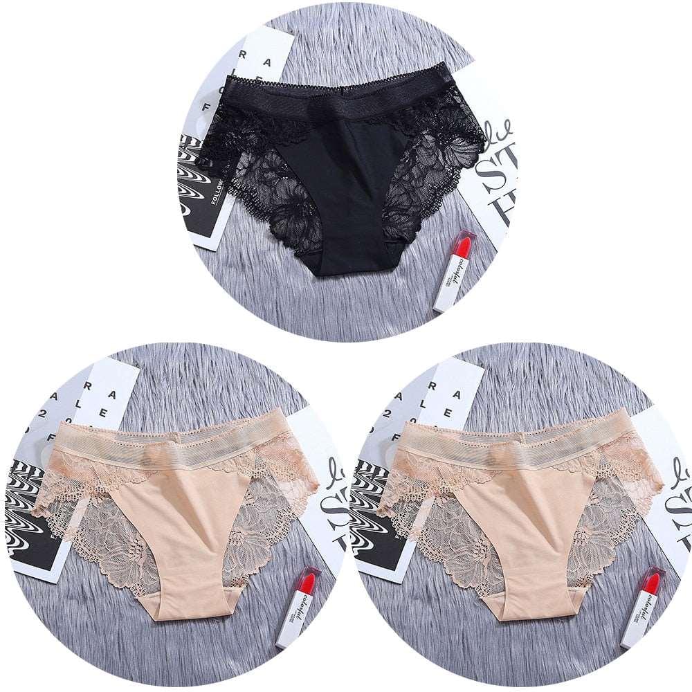 3Pcs/Lot Lace Women's Panties Sets Ice Silk Seamless Underwear - Transparent  Briefs - Mid-Rise Lingerie